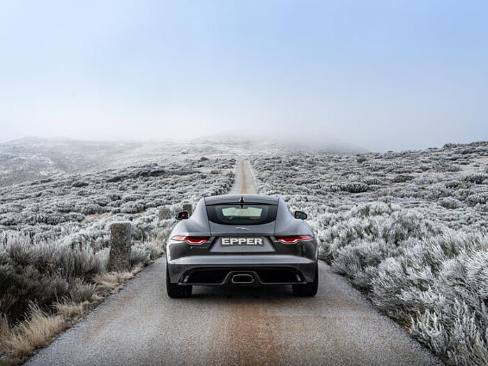 Der neue Jaguar F-Type von hinten auf einer Strasse