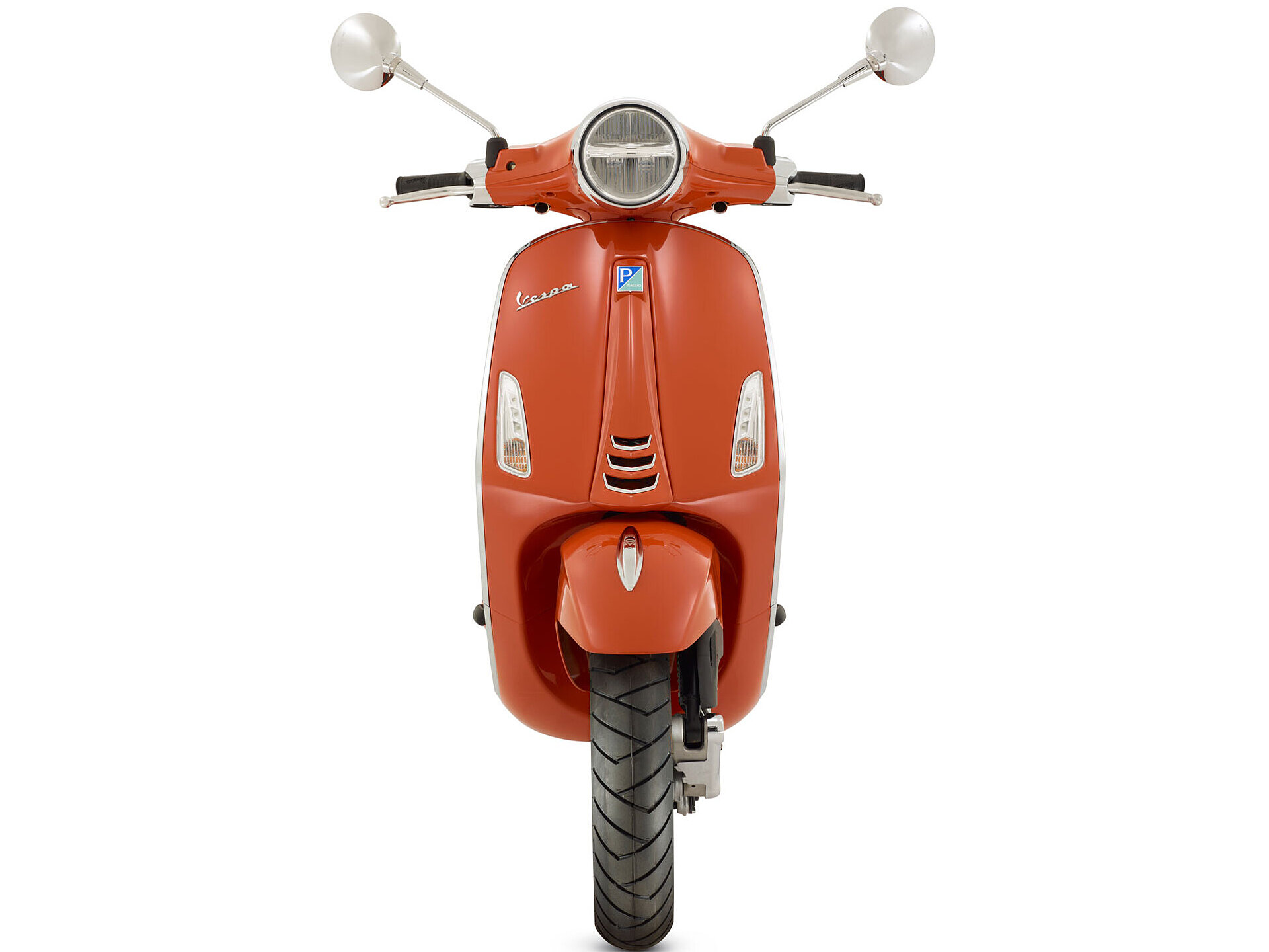 Die Vespa Primavera in orange von vorne