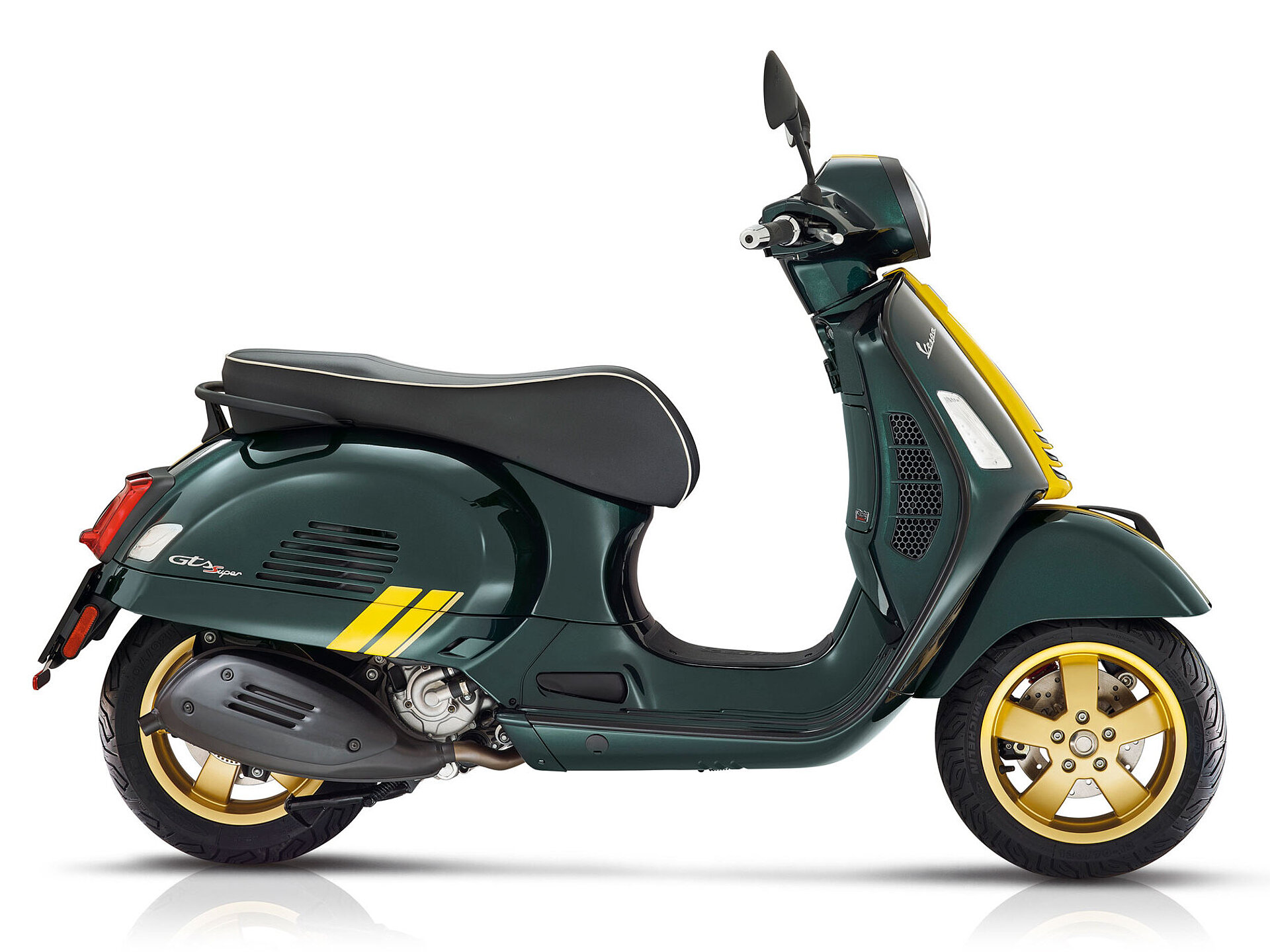 Die neue Vespa GTS in grün-gelb von der Seite