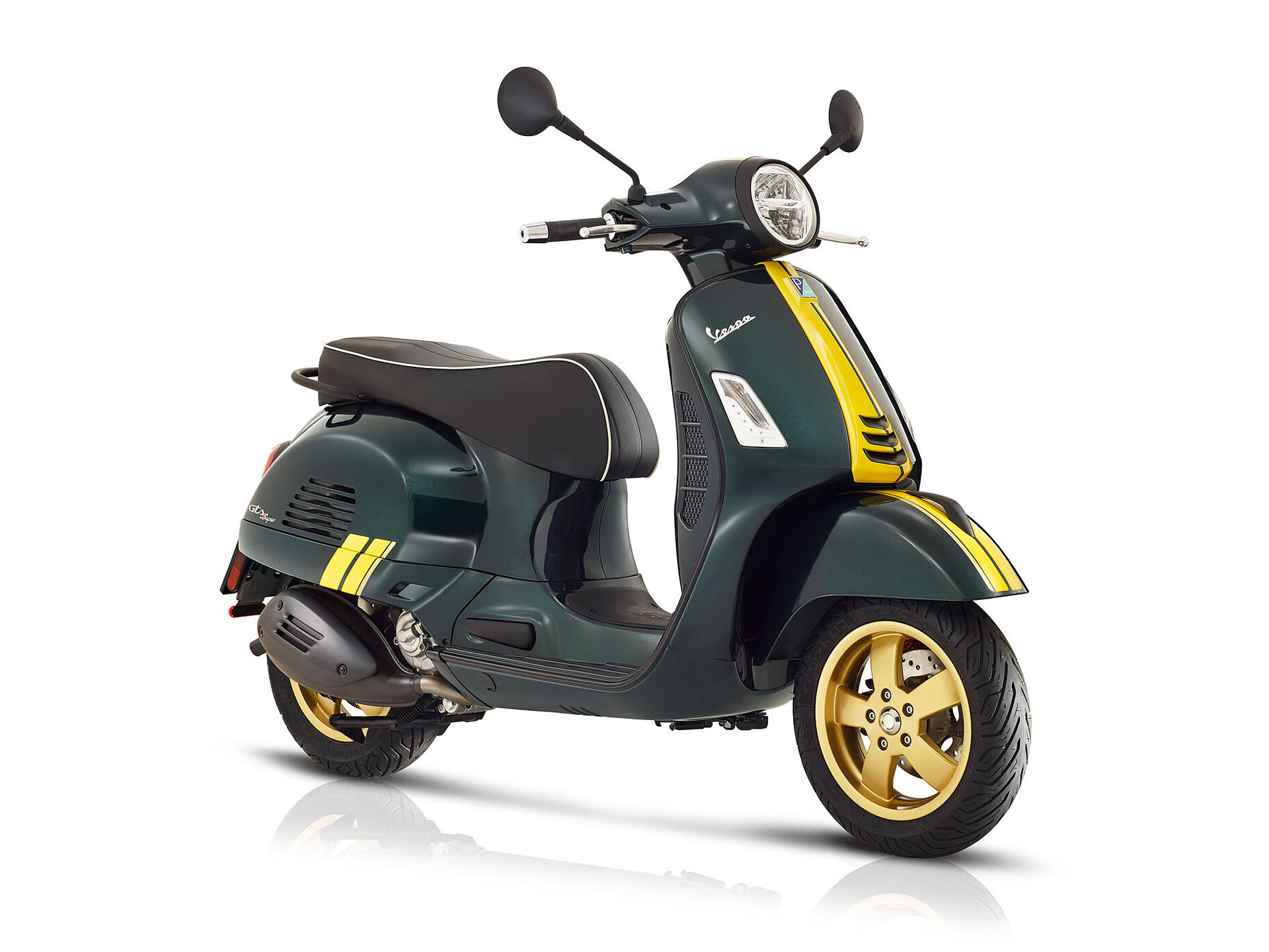 Die neue Vespa GTS in grün-gelb von einer seitlichen Ansicht