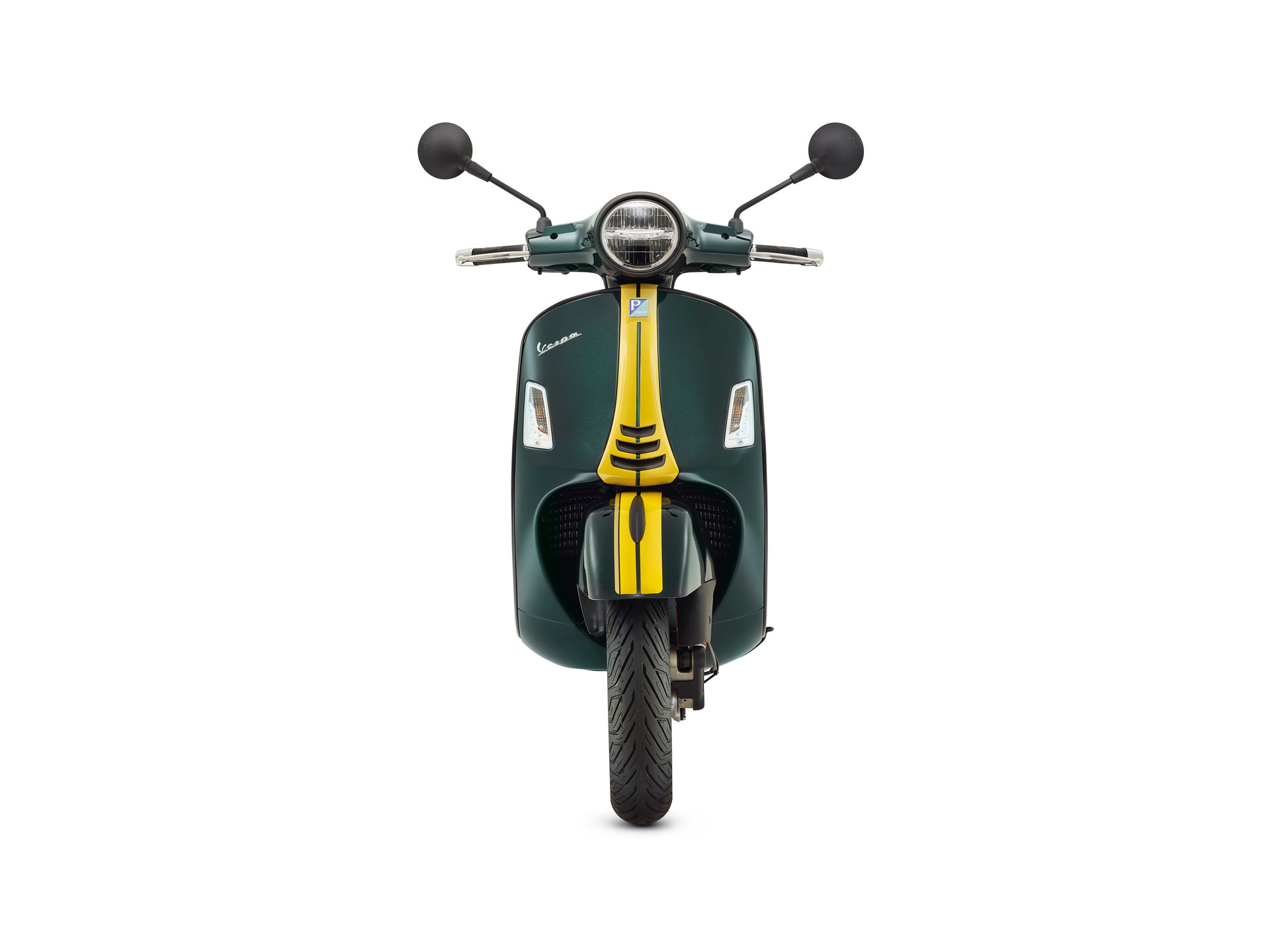 Die Vespa GTS in grün-gelb von vorne